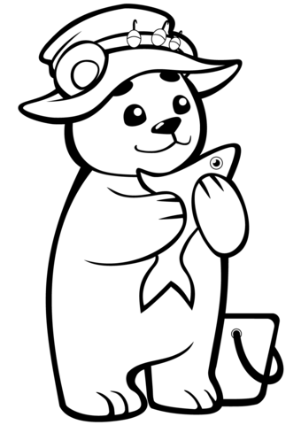 Cute Baby Bear With Fish Coloring Page